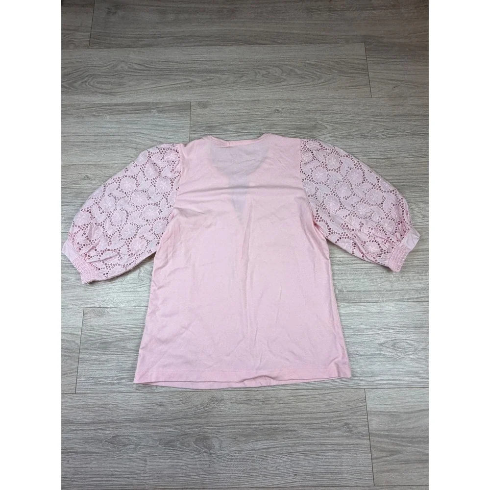 Lilly Pulitzer Etta‎ V-Neck Top Pink Eyelet Lace Puff Sleeve Knit Shirt Large
